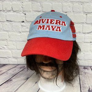 Riviera Maya Trucker Hat Mesh 3 Stripes Cap Strap Back Blue Red Embroidered
